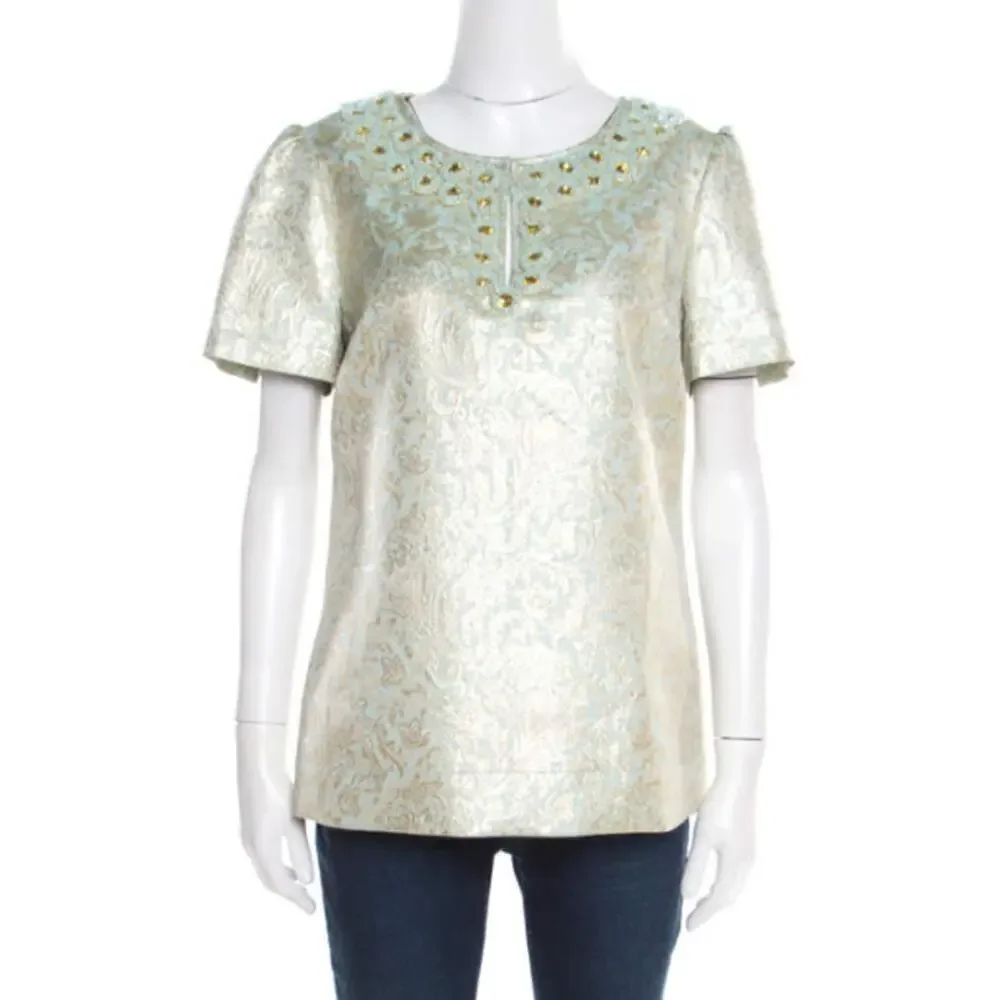 Tory Burch Lola Crystal Embellished Floral Jacquard Blouse Top Seafoam Green 0